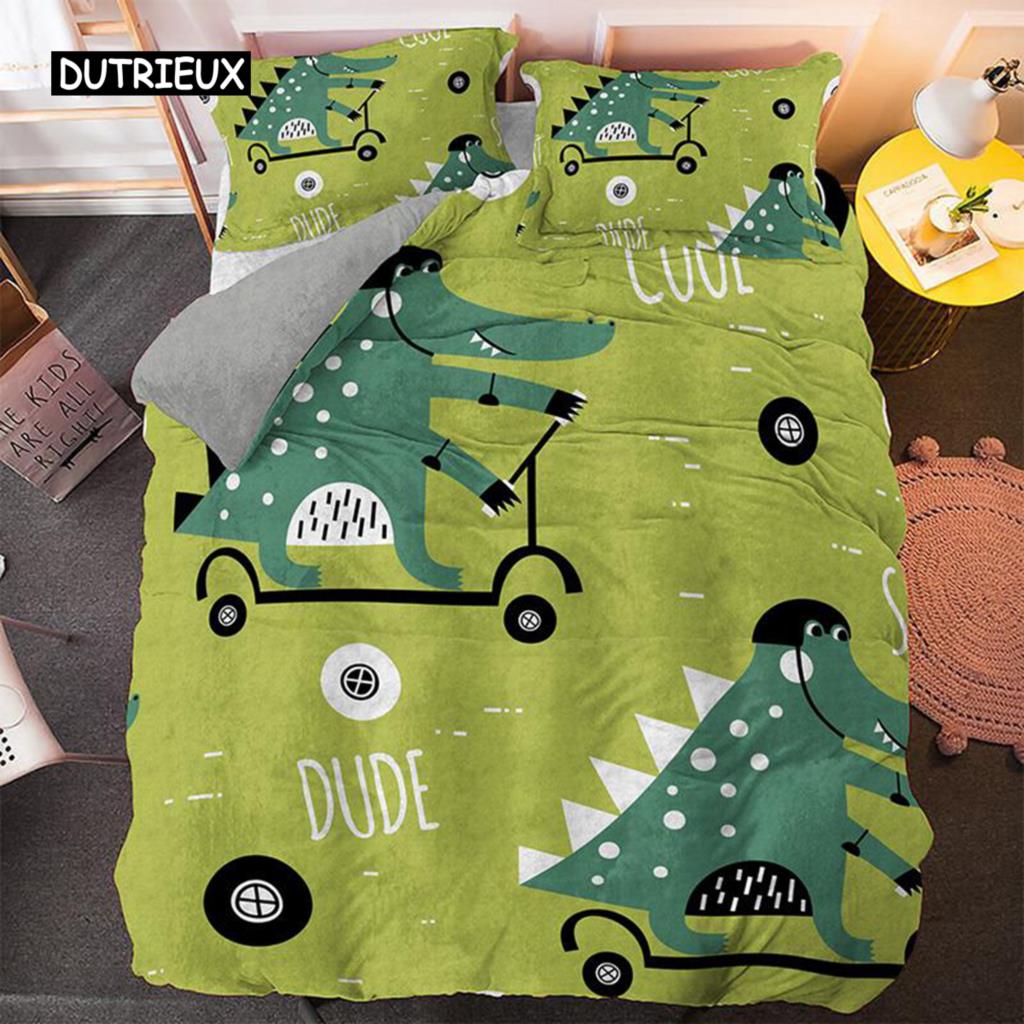 Cartoon Dinosaur Duvet Cover Set Dinosaur Theme Toddler Twin Bedding Set Microfiber Green Dinosaur Hello Bro King Quilt Cover