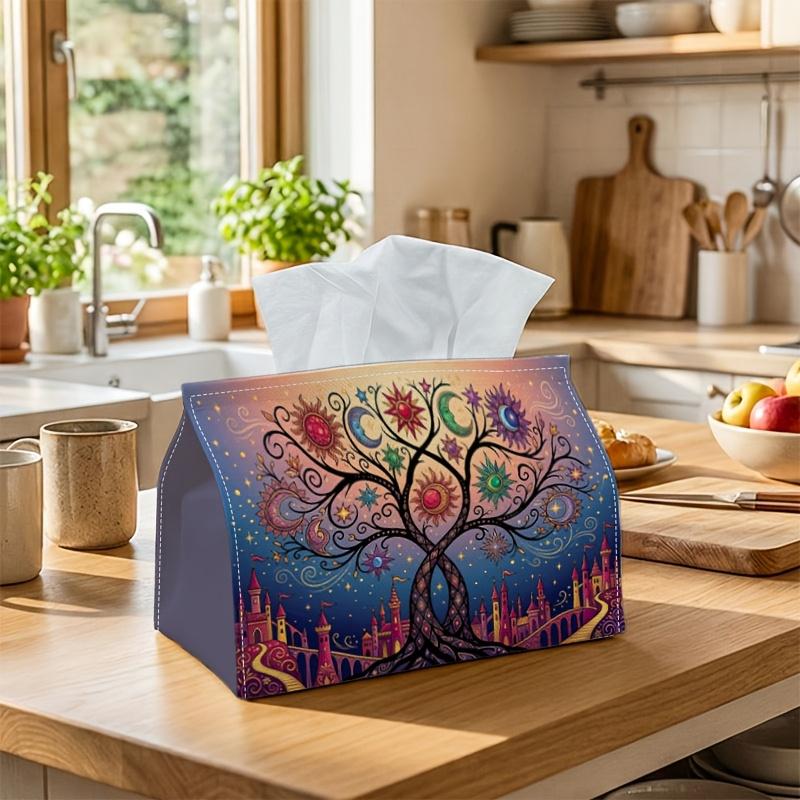 1pc Mystical Fairytale Fantasy Tissue Box with Tree of Life Castle Moon-Napkin Storage Organizer for Kitchen, Car Decorative Box, Purpose for Living R