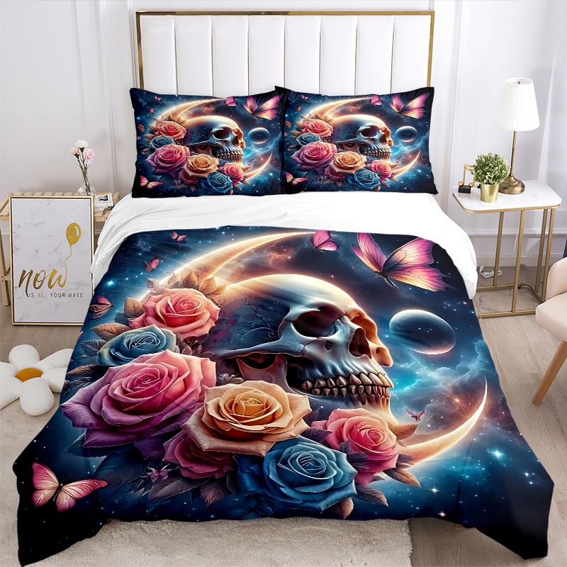 3pcs Skull Surrounded by Roses Butterflies and Celestial Moons Quilt Cover Set (1 Quilt Cover + 2 Pillowcases
