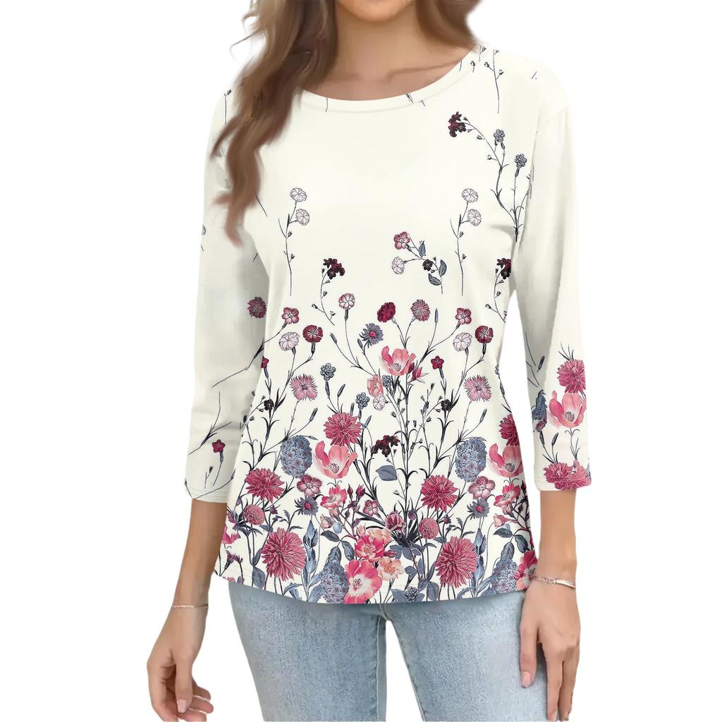 Women Casual Floral Print Three Quarter Sleeve Round Neck Top Lightweight Soft Fabric Relaxed Fit Blouse for Everyday Wear