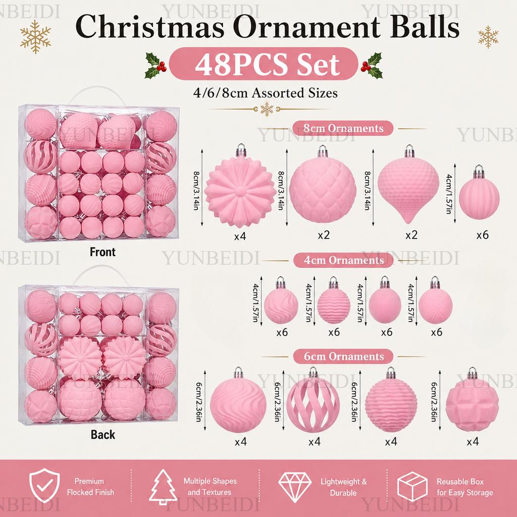 Velvet Christmas Ornament Balls Set 48PCS Plastic Flocked Baubles DIY Christmas Tree Decor Holiday Home Party Hanging Decor
