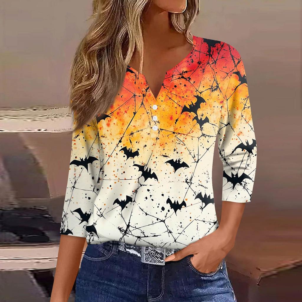 Women's Fashion Casual T-Shirt V-Neck Seven Sleeve  Printed Button Top