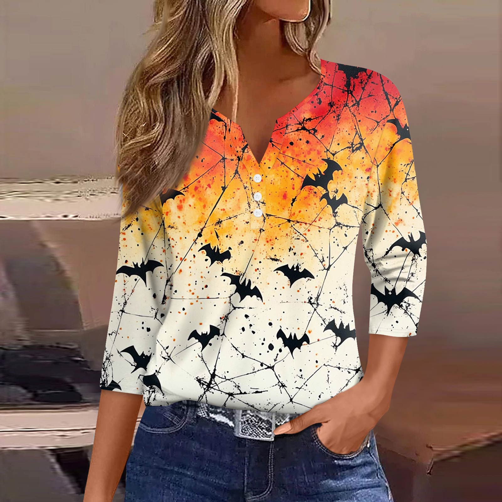 

Женская модная повседневная футболка с V-образным вырезом, рукавами семь, напечатанным на пуговицах XL