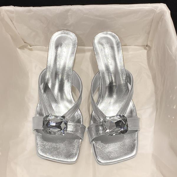 Fashion Shoes Woman's Slippers Square Toe Glitter Slides Heeled Mules Rubber Flip Flops 2025 Jelly High Hawaiian Thin Scandals Crystal