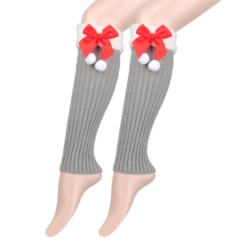 Christmas Fleece Trim Warm Leg Warmers Sweet Plush Balls Bows Knitted Boot Covers Festival Footless Socks for Women