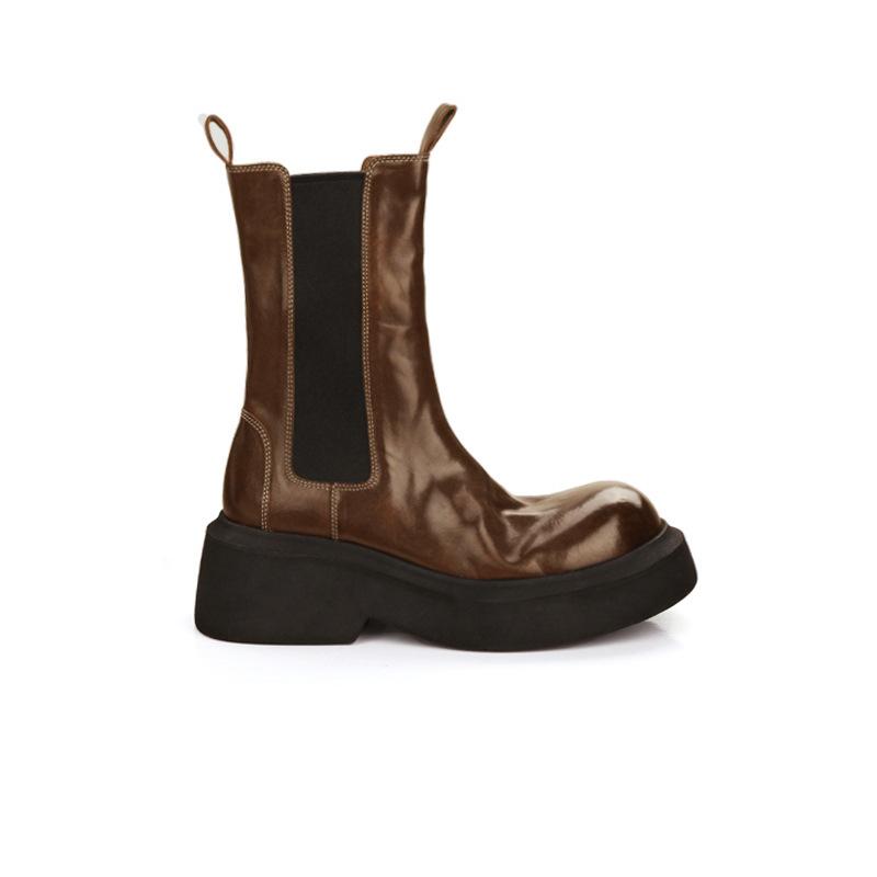 Verze z hovězí kůže~ Grape Mom stejné Chelsea kotníkové boty na silné podrážce dámské kulatá špička elastický pásek silný podpatek středně vysoké holenní boty Martinovy boty