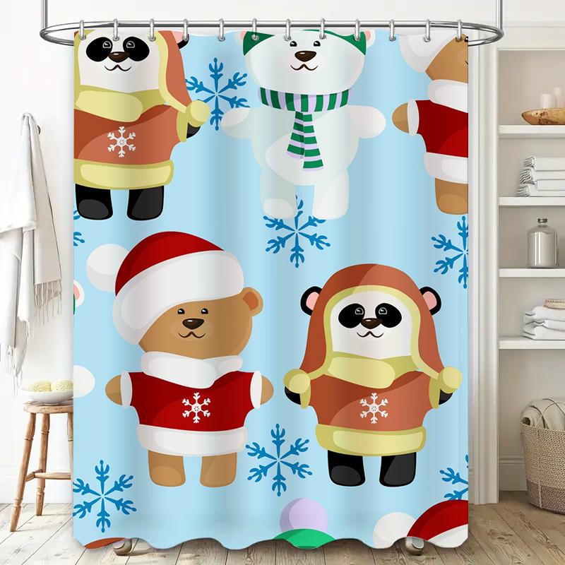 Tu Cute Bear Christmas Shower Curtain Waterproof Festive Holiday Bathroom Decor Set Modern Farmhouse Style Holiday Gift