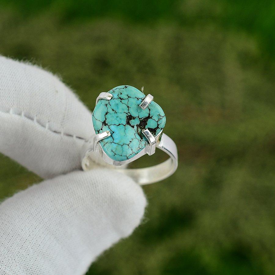 Pentagon Tibetan Turquoise Stone Statement Wife Ring 925 Sterling Silver US 8.5