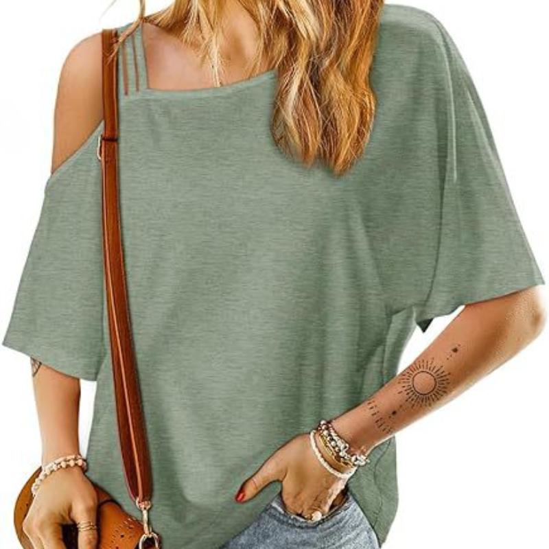 Women's Clothing European and American Cross-Border Summer New Loose Casual One-Shoulder Off-The-Shoulder Loose Short-Sleeved Women's T-Shirt