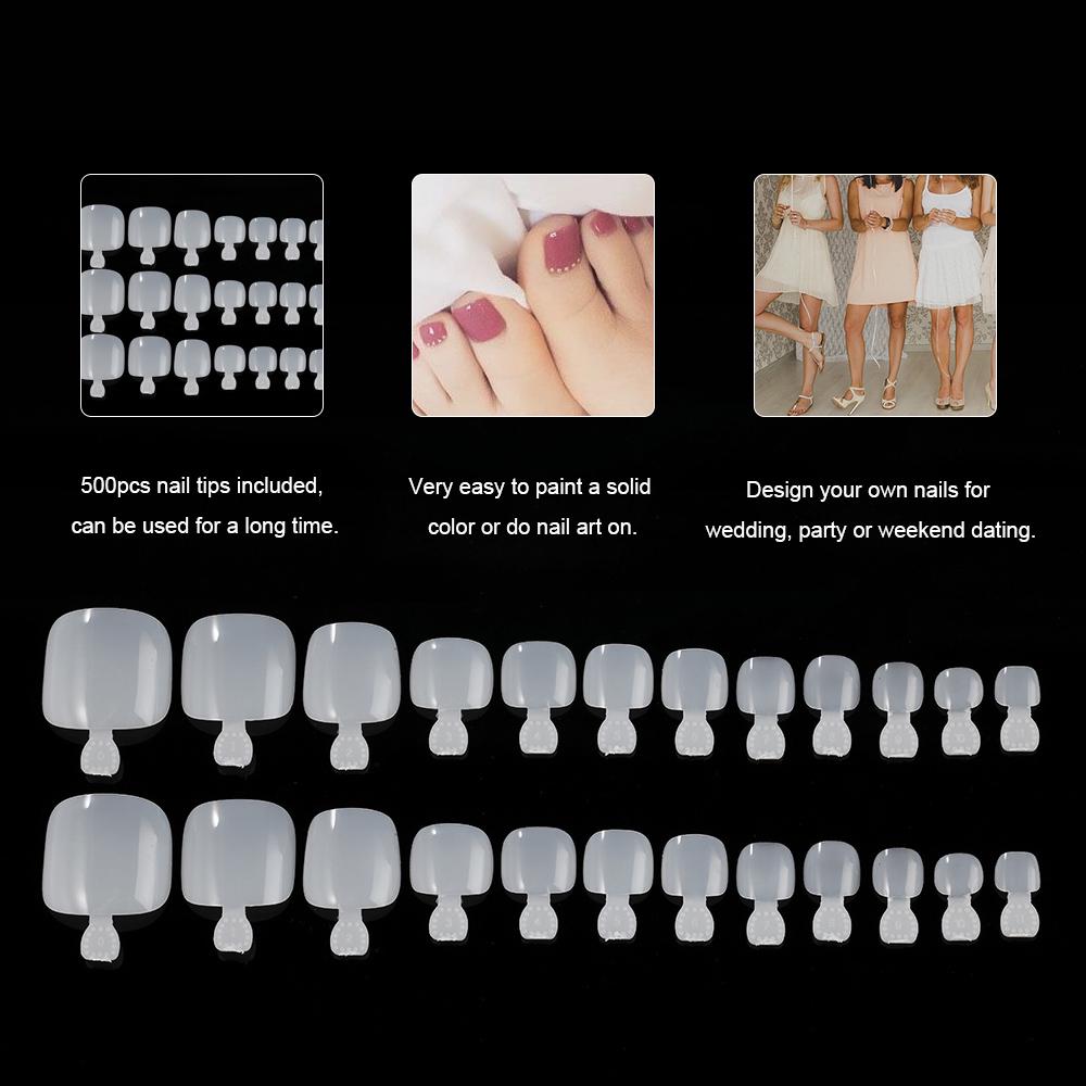 500Pcs Fake Toenail Tips Set Full Cover False Toe Nail Tips for Nail Art & Manicure Salons 12 Sizes