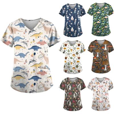 Women's Short-sleeved V-neck Print Pocket Carer Top