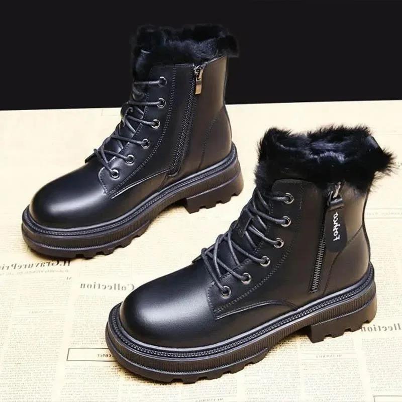 Snøstøvler Plysj Varm Medium Støvletter Dame Svart og Hvit Vinter Fortykket Varm Snø Flate Sko Zapatos Mujer