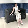 High-end Dress Skirt Satin Light Luxury Collar Temperament Dress Open-back Streamer Design Waist Thin Fishtail Skirt