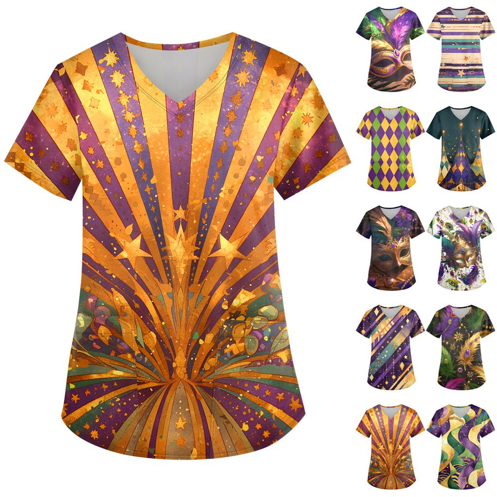 Ladies' Carnival Printed Fashion V-neck Pocket Short Sleeved Nurse's Wear And Worker's Top