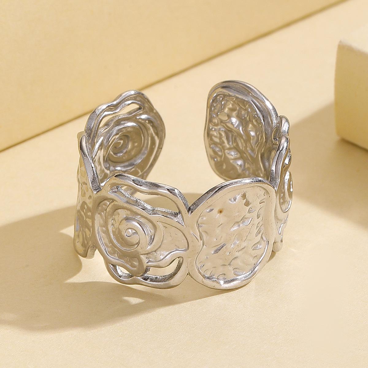 Stainless Steel Retro Wide Band Black Rose Flower Ring for Women