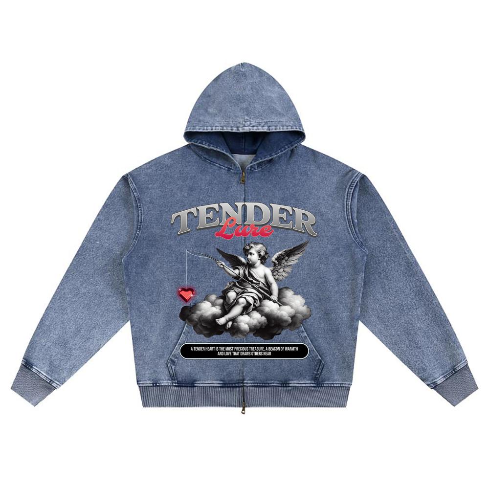 DTG print Knitted Denim Zip-Up Hoodie Angel Brother Print Zipper Hoodies
