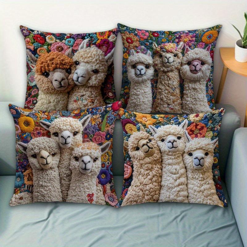 1/4Pcs Llama-Printed Floral Pillow Covers Sofa Cushion Cover Home Bedroom Room Decoration