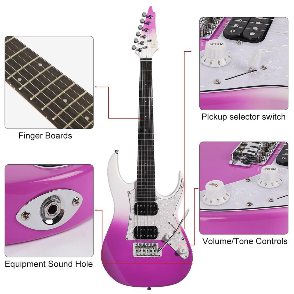 Bullfighter 34-inch Kids Electric Guitar Beginner Kit D120-R ST Style Mini Electric Guitar Purple with Pick Cable Strap Spare Strings and Gig Bag