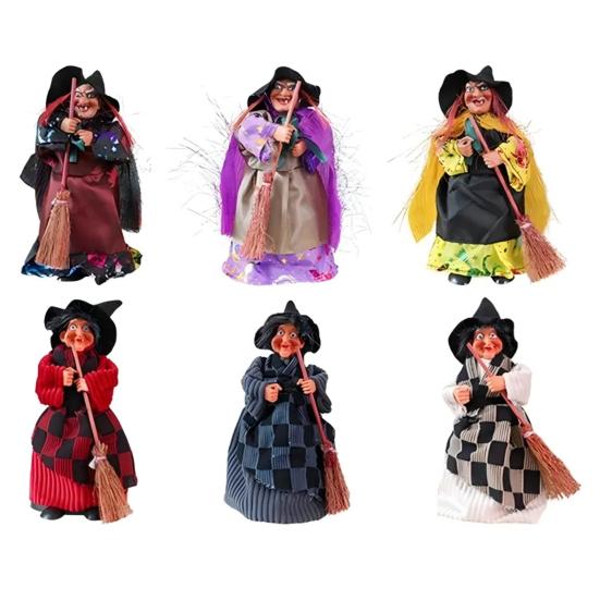 Halloween Witch Doll Decoration Spooky Witch Statue with Broomstick for Home Living Room Fireplace Mantel End Table Desktop Decor