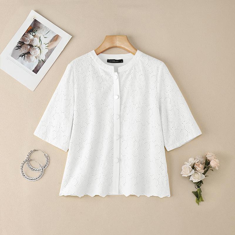 ZANZEA Women Round Neck Half Sleeve Casual Patchwork Crochet Blouse