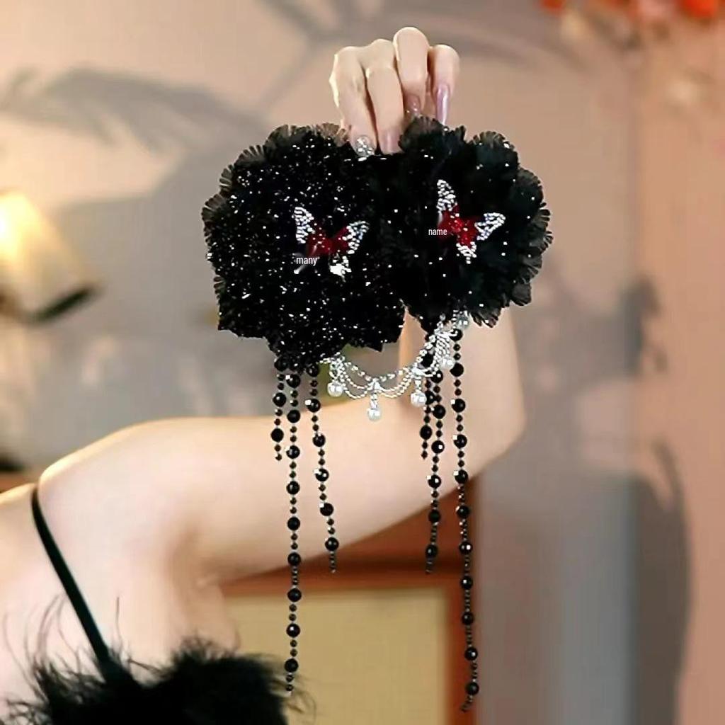 Large Bright Silk Flower & Feather Bead Tassel Hair Clip for Women's Updo