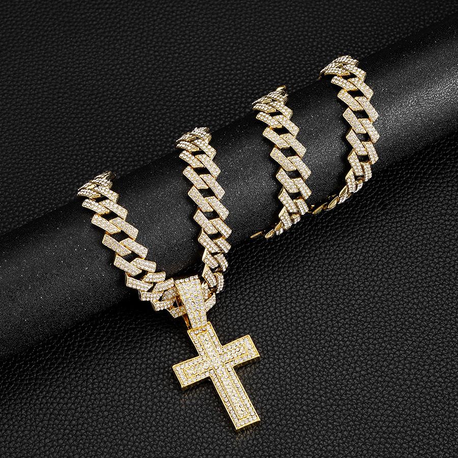 Hip Hop Alloy Full Diamond Cross Pendant Fashion Trend Rap Men's Cuban Chain Necklace Jewelry