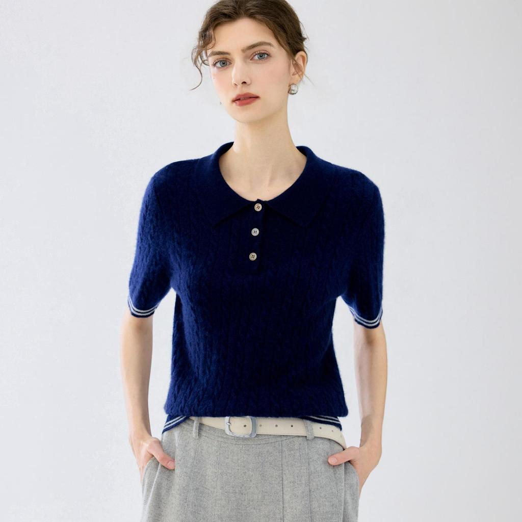 Women's Cashmere Lapel Stripe Patchwork Polo Pullover - Autumn/Winter Collection