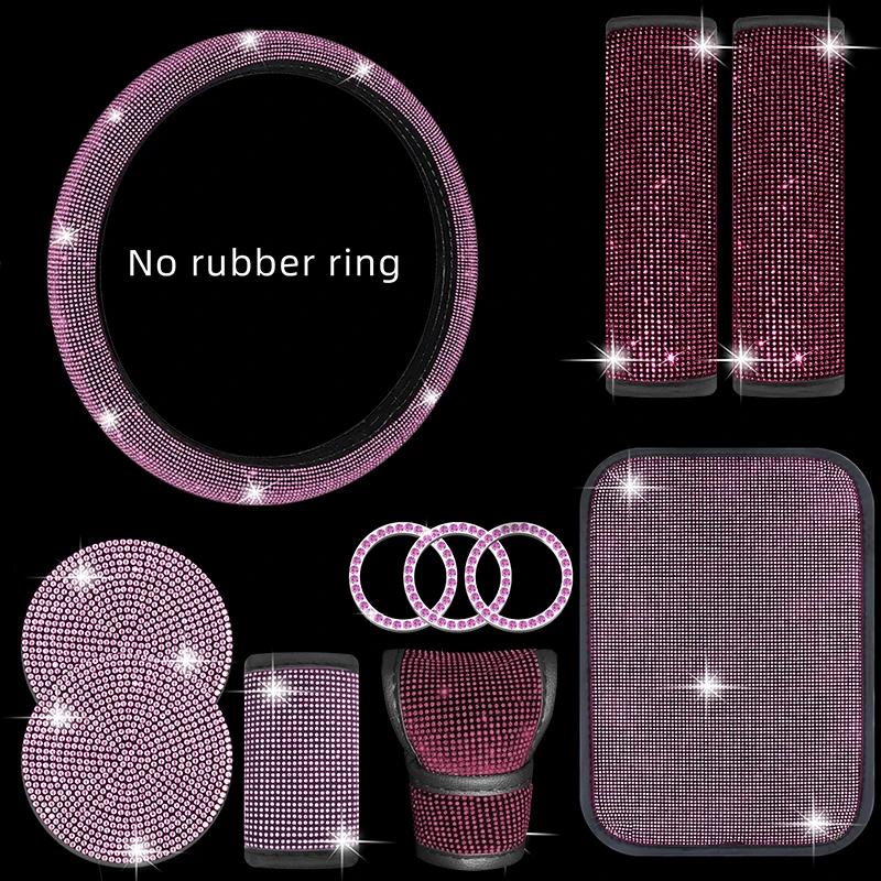 Car Accessories Set 11Pcs Women Bling Fit Steering Cover Gear Shift Pull Cover Armrest Shoulder Pad Coasters Start Stop Stickers