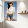 Sexy Woman Outdoor Desert Landscape Tin Sign - Wide-Brimmed Hat, Cropped Lace Top, Denim Shorts, Leopard Belt Metal Wall Decor F