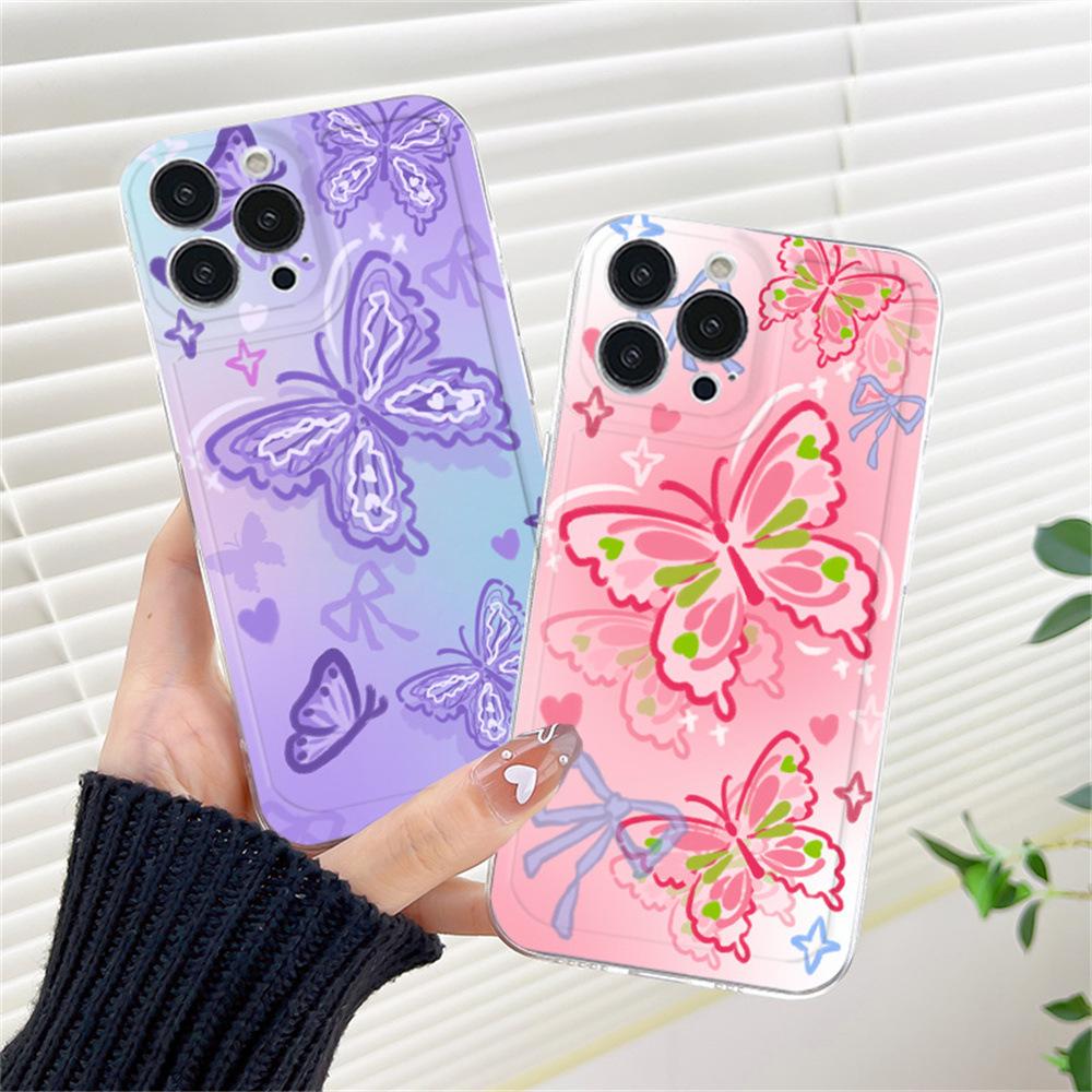 Pink Butterfly Pattern Phone Case For iPhone 16 E 14 13 12 11 15 Pro Max 7 8 Plus XS XR X SE 2022 Personalized Border Soft Cover