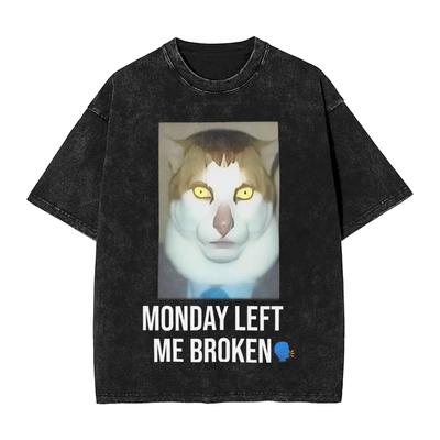 Monday Left Me Broken Cat Men's T Shirt Washed Novelty Tee Shirt Short Sleeve Round T-Shirt Pure Cotton Plus Size Clothes