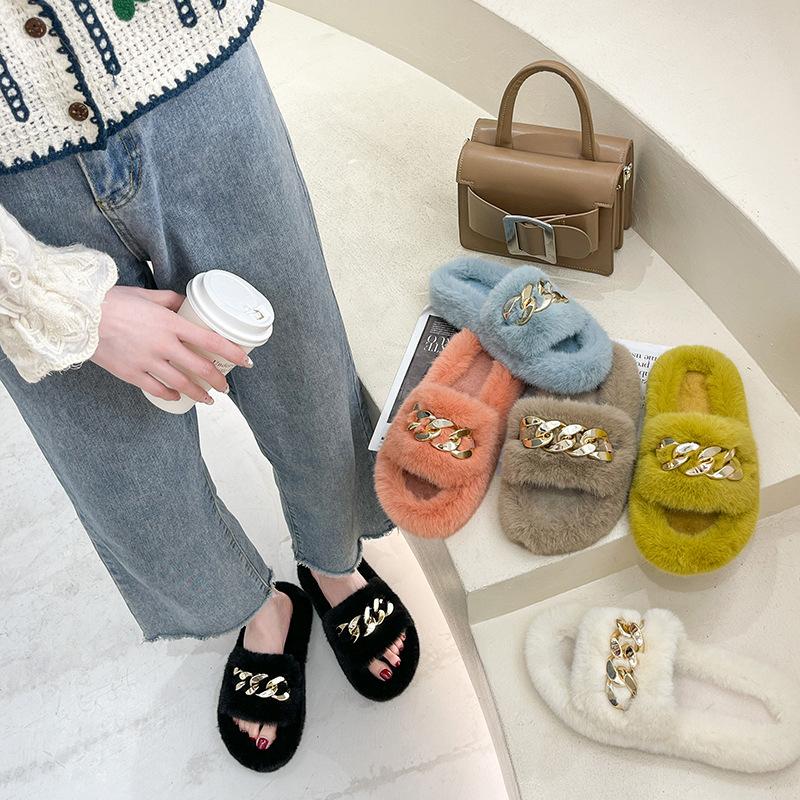 Internet celebrity fairy fluffy slippers female outer wear thick bottom heightening non-slip autumn and winter ins home chain plush slippers