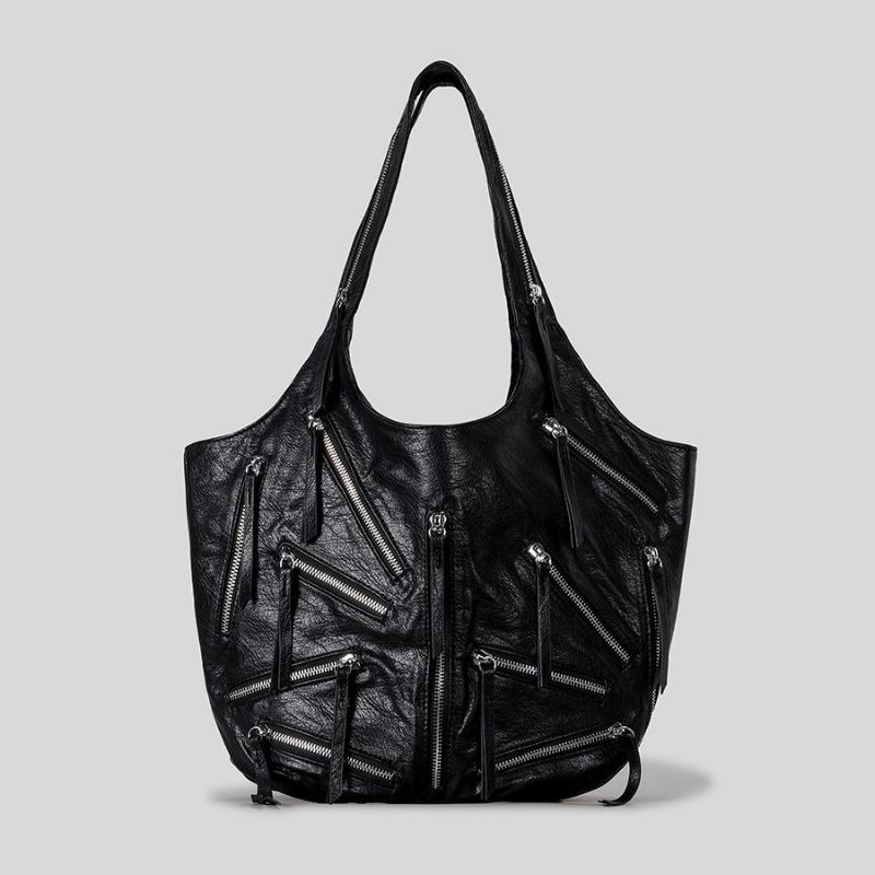 

Ретро мотоциклетная подмышечная сумка Модный дизайн с несколькими молниями Сумка на одно плечо и сумка-тоут чёрный