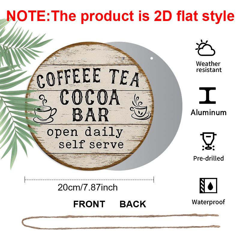 2D Flat, 1pc 7.87x7.87 Inch Round French Aluminum Sign, Vintage Decorative Plaque for "Coffee Tea Cocoa Bar", "Coffee Bar" Decorative Sign, Suitable