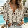 Women's Casual Halloween Print V-Neck Ruffle Trim Tie-Front Top with 3/4 Sleeves