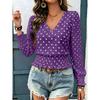 Loose V Neck Polka Dot Print Long Sleeve Casual Women T Shirt