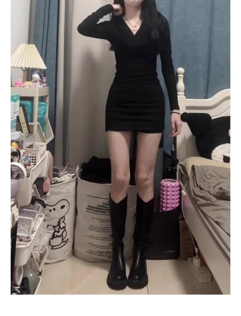 Black silk matching skirt stepmother hip skirt black long-sleeved dress female sexy spice girl little mother skirt