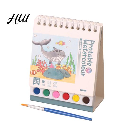 Travel Art Kit for Adults Creative Painting Book Set Watercolor Sheets with 6 Color Grids Gift Ergonomic Brush Mini Workbook Pre-printed синий
