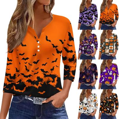 Women's Casual Fashion V-neck Loose Versatile Halloween Print Three-quarter Sleeve Top