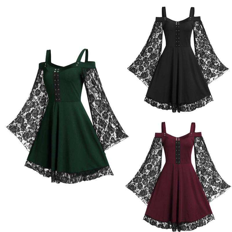 Elegant Floral Lace Women's Fancy Dress With Flared Sleeves Ideal For Costume Parties And Birthdays