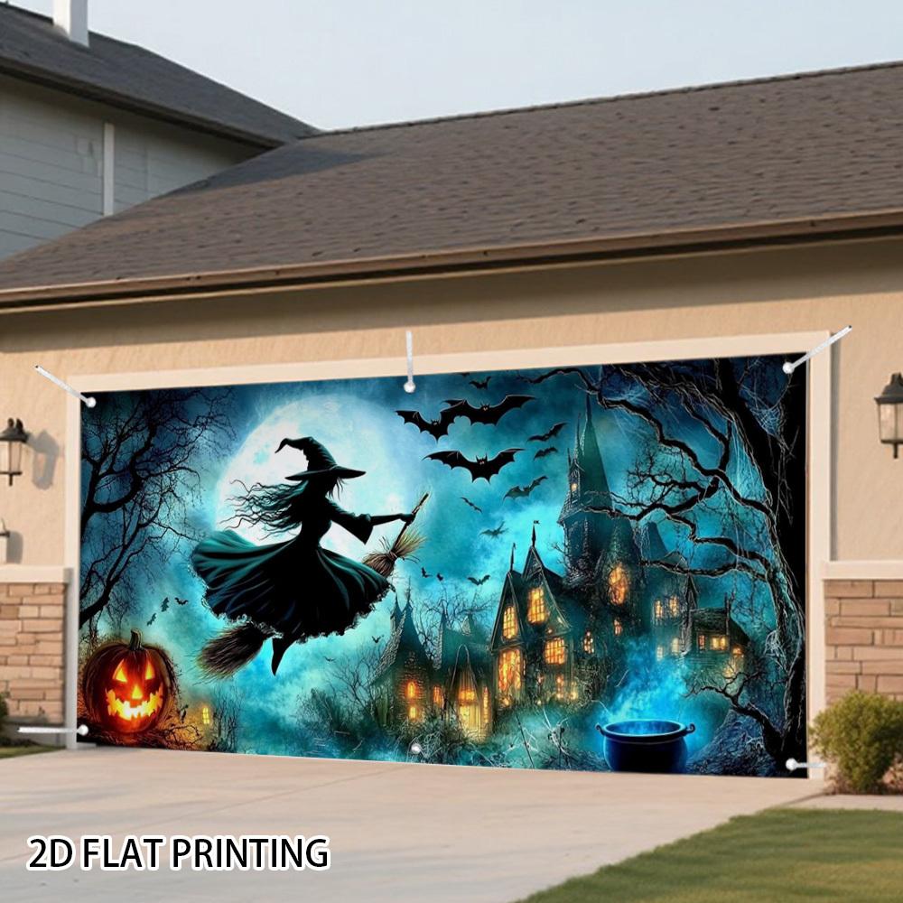 A 2D flat banner depicting a Halloween witch flying at night, perfect for decorating your garage door.zyc