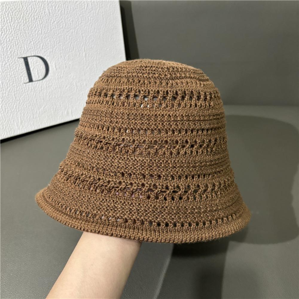 Casual Knitted Fisherman Hat Foldable Sun Protection Sun Hat Wide Brim Solid Color Hollow Beach Cap Sun Hat
