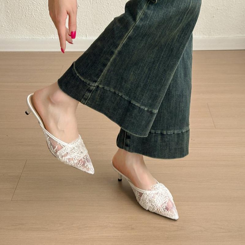 White Embroidery Lace Heels Mule Slide Woman Point Toe Stiletto Bride Shoes Ladies Elegant Wedding Party Dress Pumps New Popular