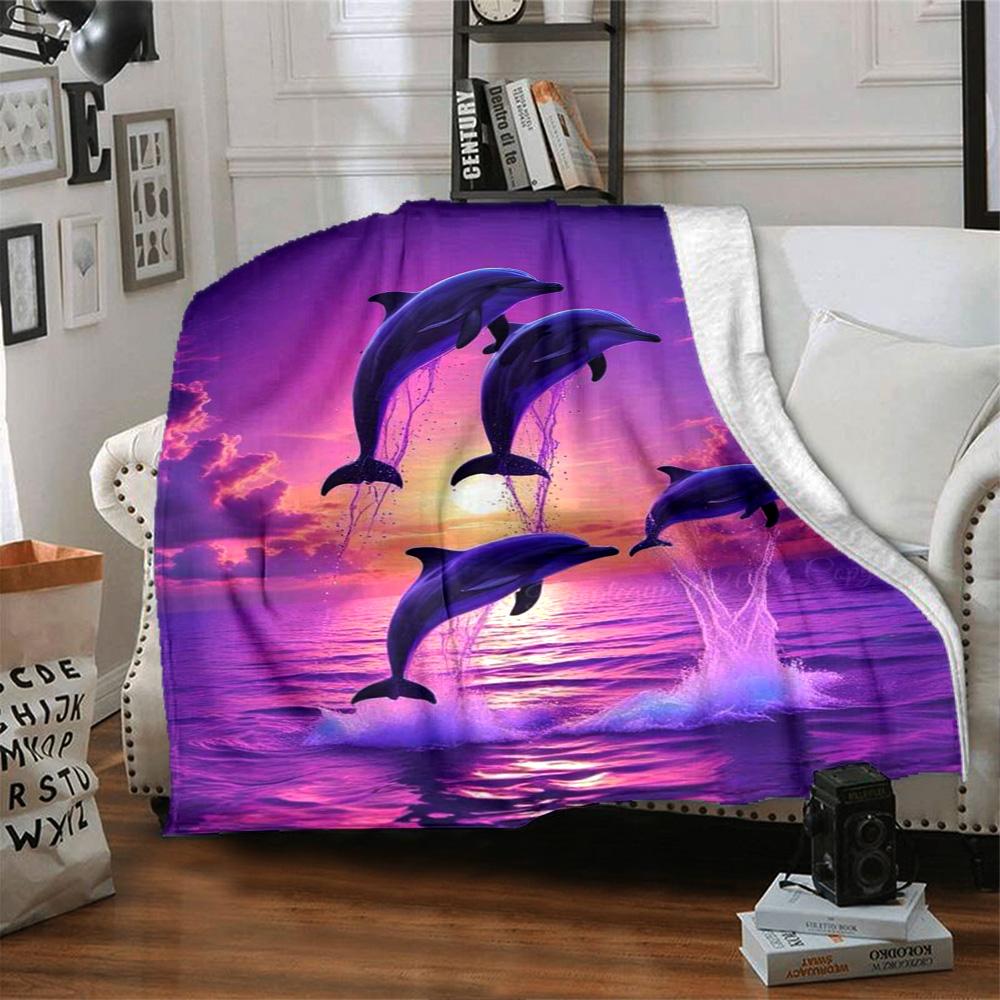 Jumping Dolphins Purple Sunset Ocean Seascape Print Flannel Blanket Marine Wildlife Throw Blanket Soft Cozy Home Sofa Bed Decor