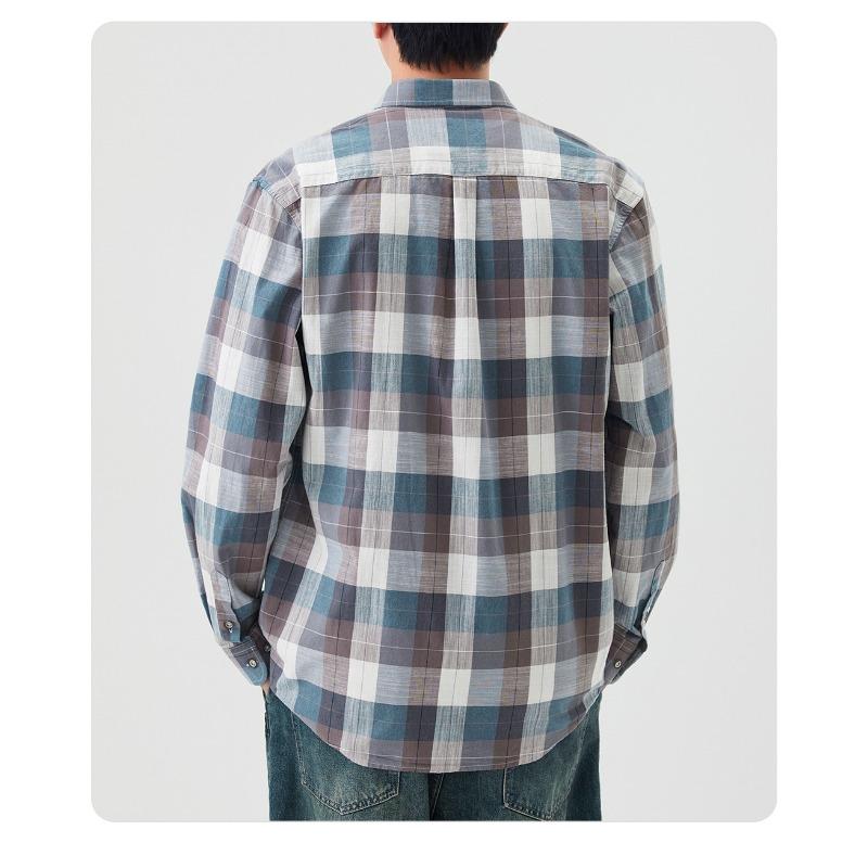 Men's Plaid Gradient Long Sleeve Button Down Shirt Casual Top.
