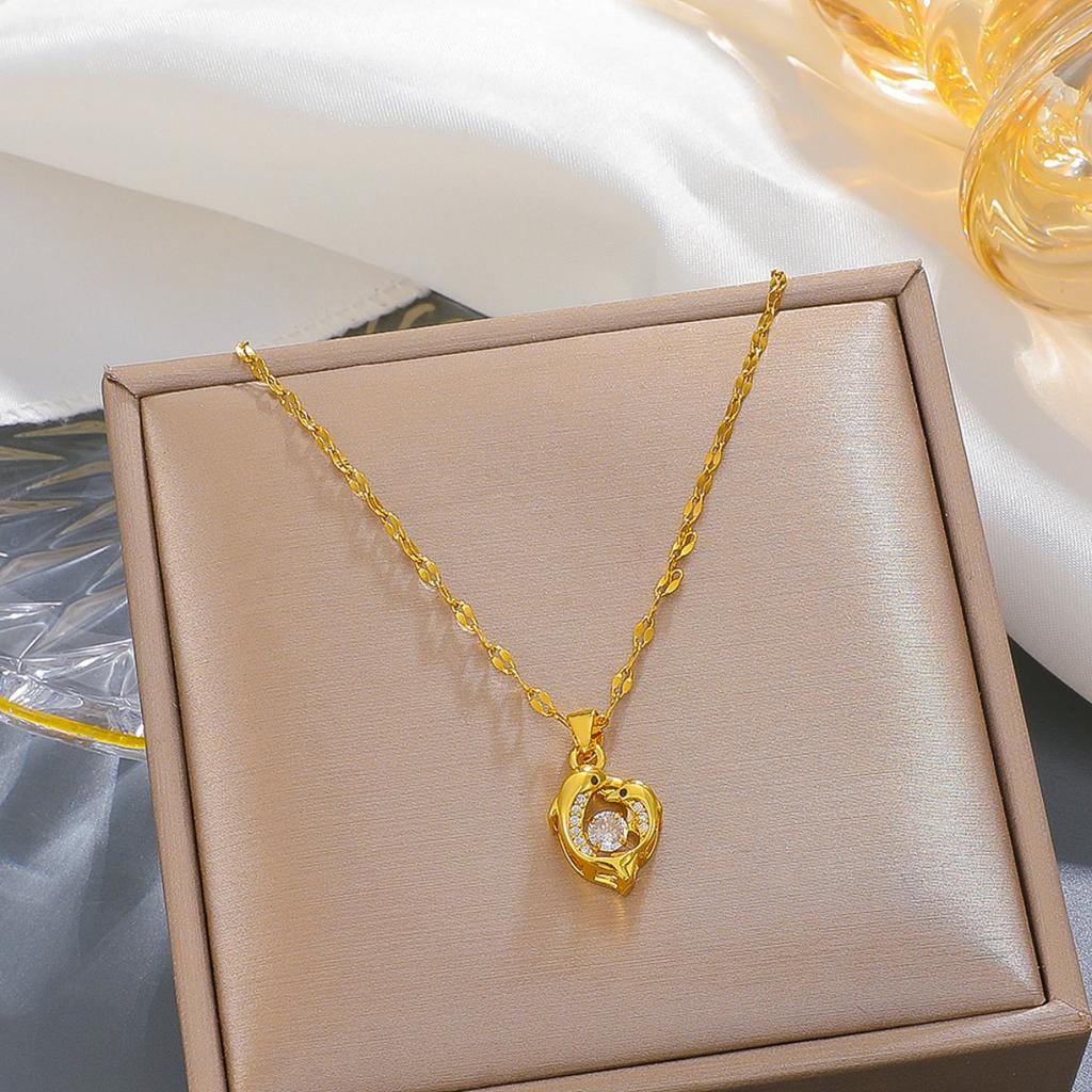 Dolphin Couple Pendant Necklace with Sparkling Stone Center Gold Tone Delicate Chain for Women