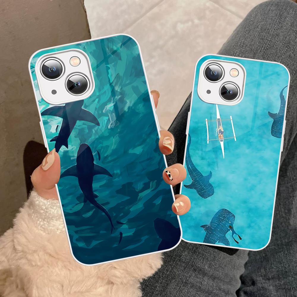 Fashion Trend Animal Sharks Phone Case Tempered Glass For Iphone 14 13 12 11 Pro Mini XS MAX 14Plus X XS XR Fundas