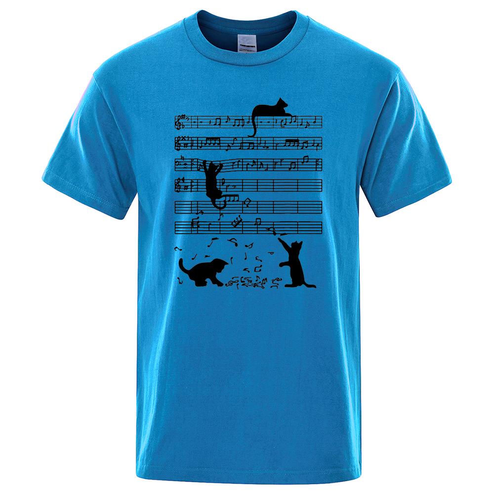 Cotton T Shirt Printed Cat Playing Staves Funny T-shirts for Men Summer Short Sleeve Top Tee Shirts Casual Basic Mens T-shirt