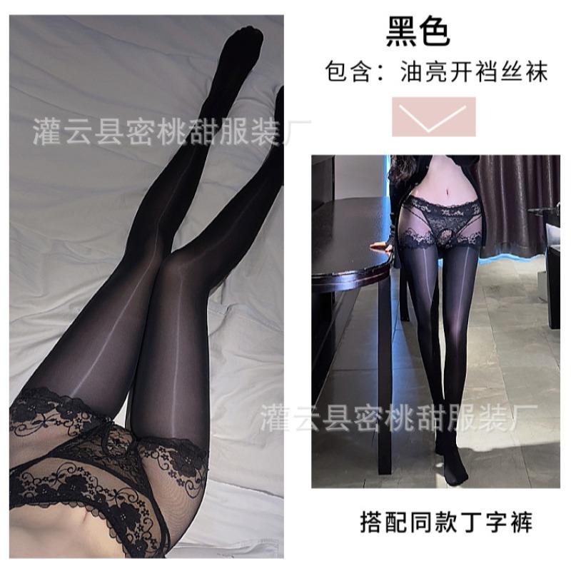 Sex-Unterwäsche sexy Netz durchsichtig seidig Einteiler Pferdeöl offener Schritt Socken hohe Taille Hüftlift Öl glänzend offene Socken