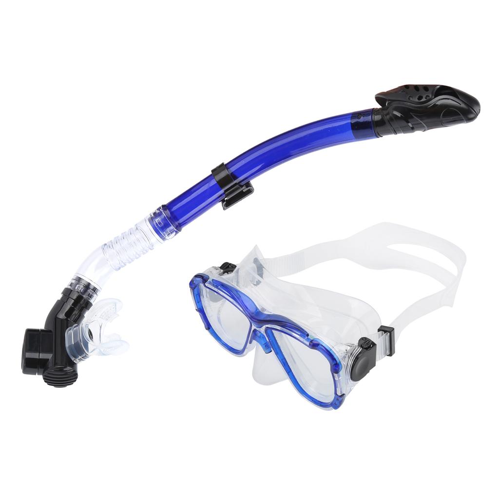 Adults Snorkel Set AntiFog Diving Cover Tempered Glass Goggles with Dry Top Snorkel Tube(Blue )